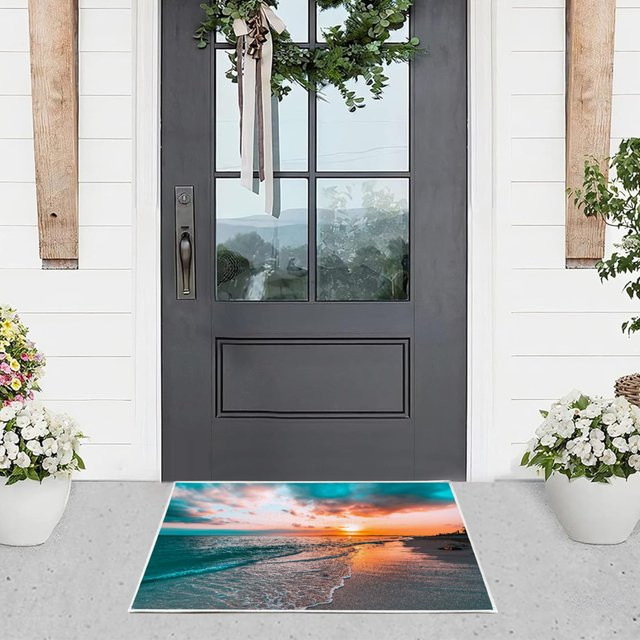 VIKAMA Fußmatte mit Strandsonnenuntergangsmuster, schmutzabweisend und wasserdicht, rechteckig, Multicolour, B/T: 60 x 40 cm - Bild 1