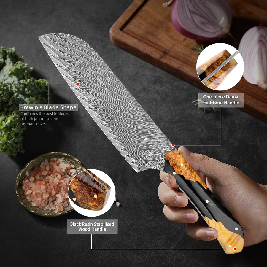 Best Chef Santokumes Messer aus Damaststahl mit schwarzem Kunstharz-Holzgriff, 7 Zoll (17,78 cm) - Bild 3