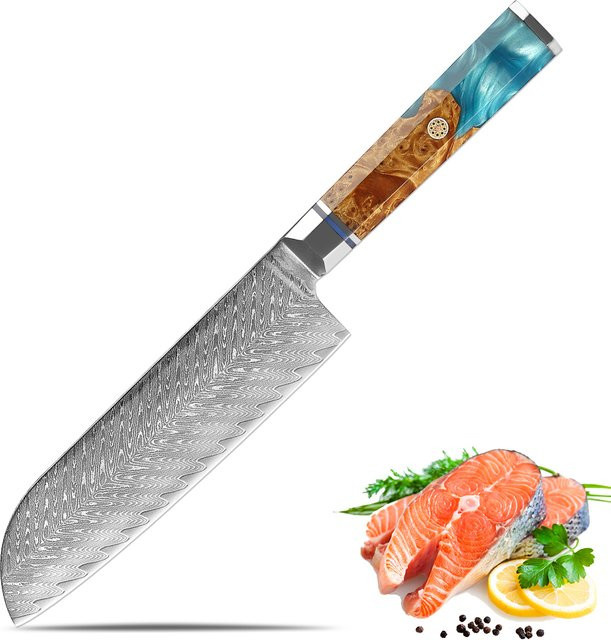 Xituo Santoku Kochmesser aus Damaststahl mit Holzgriff, 7 Zoll, Mehrfarbig - Bild 1