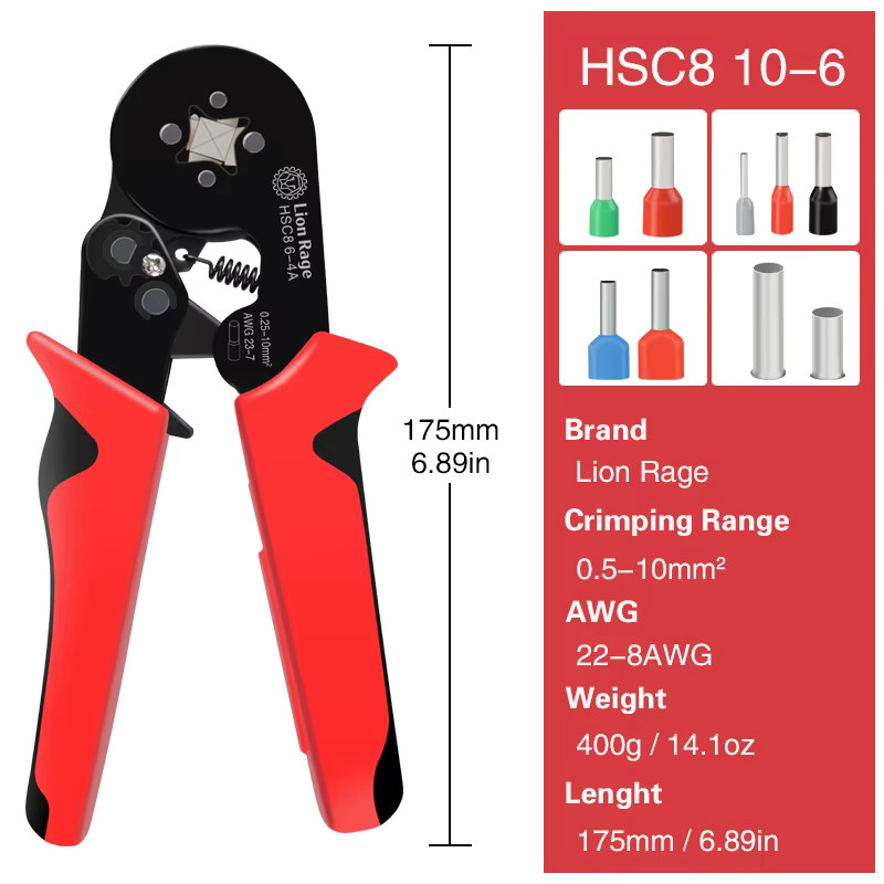 Lion Rage Crimpzange HSC8 6-4 für Aderendhülsen und Rohrklemmen mit 1020-teiligem Klemmen-Set in Rot - Bild 5