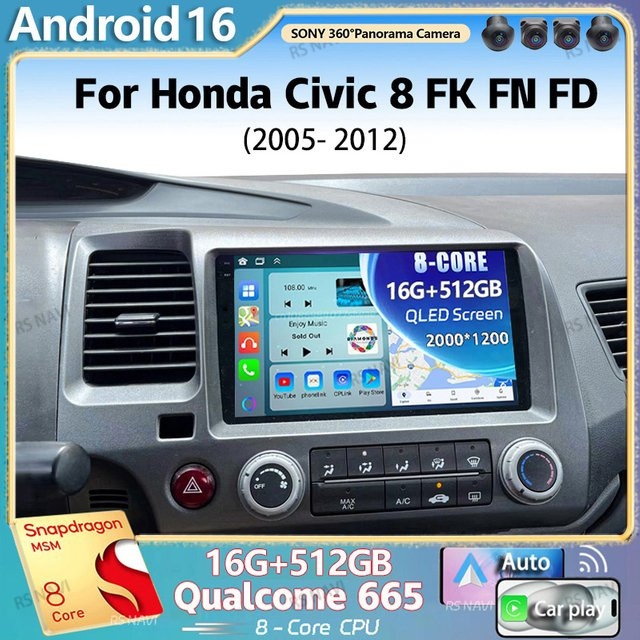 RSNAVI Android 16 Autoradio für Honda Civic 8 FK FN FD 2005 - 2012 mit 2K QLED Display, GPS, 4G, CarPlay und Multimedia Videoplayer in Schwarz - Bild 1