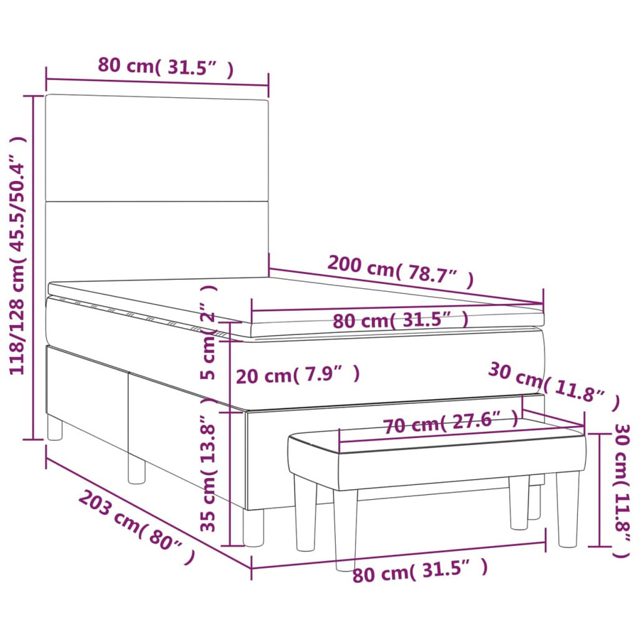 vidaXL Boxspringbett mit Matratze Braun Stoff B/T/H: 80 x 200 x 118 cm - Bild 3