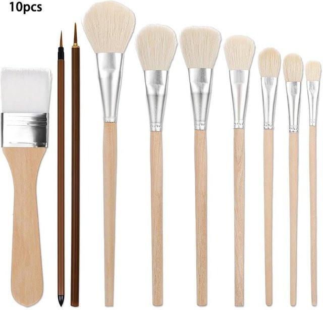 SZ-JZQ Ziegenhaar-Mischpinsel Set für Acrylmalerei und Ölgemälde mit Holzgriff, 10 Stück, beige - Bild 1