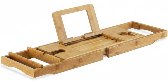 Relaxdays Badewannenablage aus Bambus in Natur mit Buchstütze, B/T/H: 107,5 x 23 x 5,5 cm - Bild 1