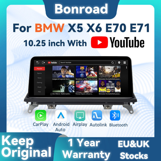 BONROAD Wireless CarPlay und Android Auto Autoradio Monitor mit YouTube und Airplay, 10,25 Zoll Touchscreen mit GPS Navigation für BMW X5 X6 E70 E71 CCC CIC System, Schwarz - Bild 1