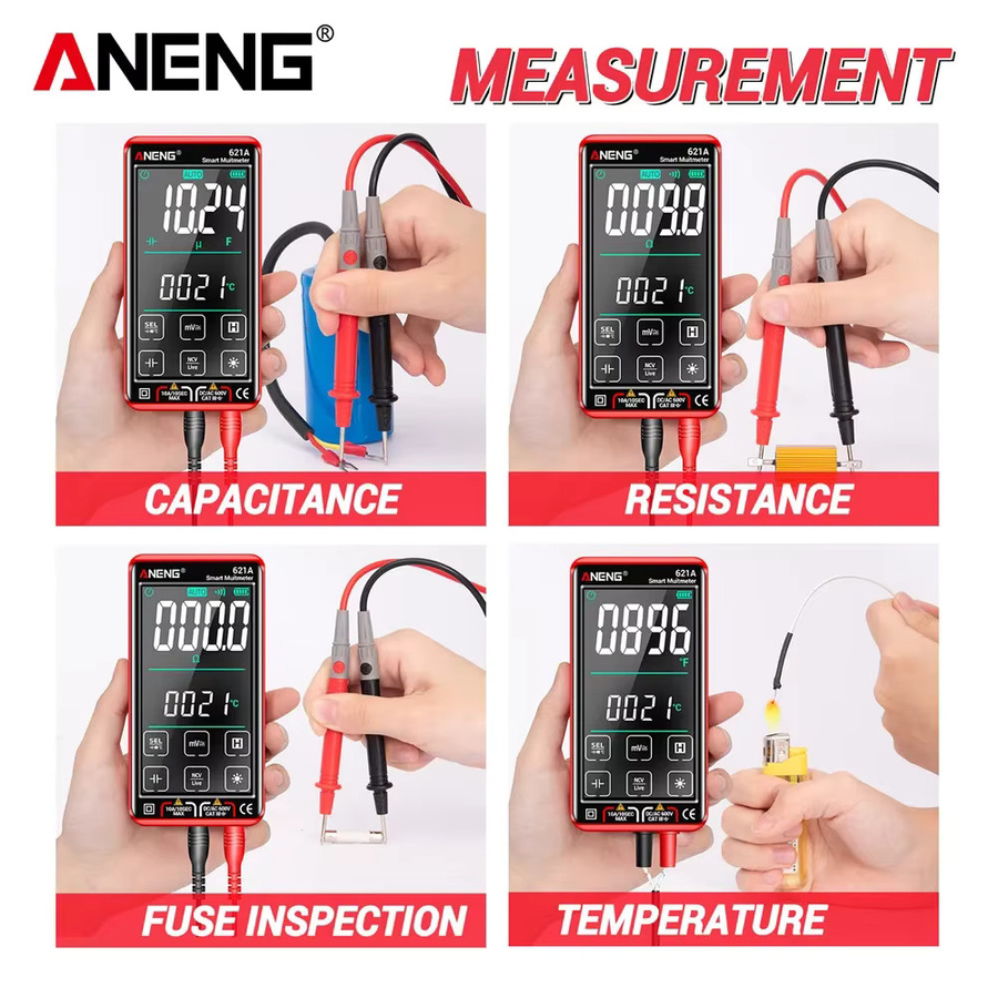 ANENG Digitales Multimeter mit Touchscreen, wiederaufladbar, 9999 Counts, Tester für AC/DC-Spannung, Strom, Kondensator und Transistor, Farbe: Rot - Bild 5