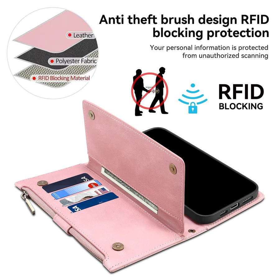 Eseble Crossbody Leder Brieftasche mit Reißverschluss und Lanyard für Google Pixel 9 Pro XL 8 Pro 8a 7 Pro 6 Pro 6a inklusive RFID-Schutz in Braun oder Pink - Bild 4