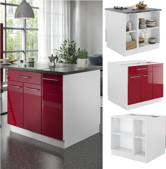 Vicco Kücheninsel Fame-Line Einbauküche in Weiß und Bordeaux-Rot mit Hochglanz-Finish, Breite: 90 cm, inklusive Softclose-Scharnieren und Schubladen - Bild 1