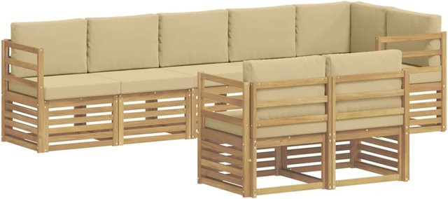 vidaXL Outdoor-Sofagarnitur aus Akazienholz in L-Form, 8-teiliges Set in Weiß und Beige mit Polsterkissen, B/T/H: 304 x 126,5 x 73 cm - Bild 1