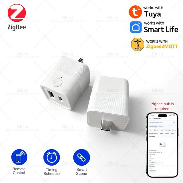 Gleco Zigbee Smart Home Adapter Schalter 2-Gang Micro USB und Typ-C in Weiß für Tuya Home Automation und Z2M - Bild 1