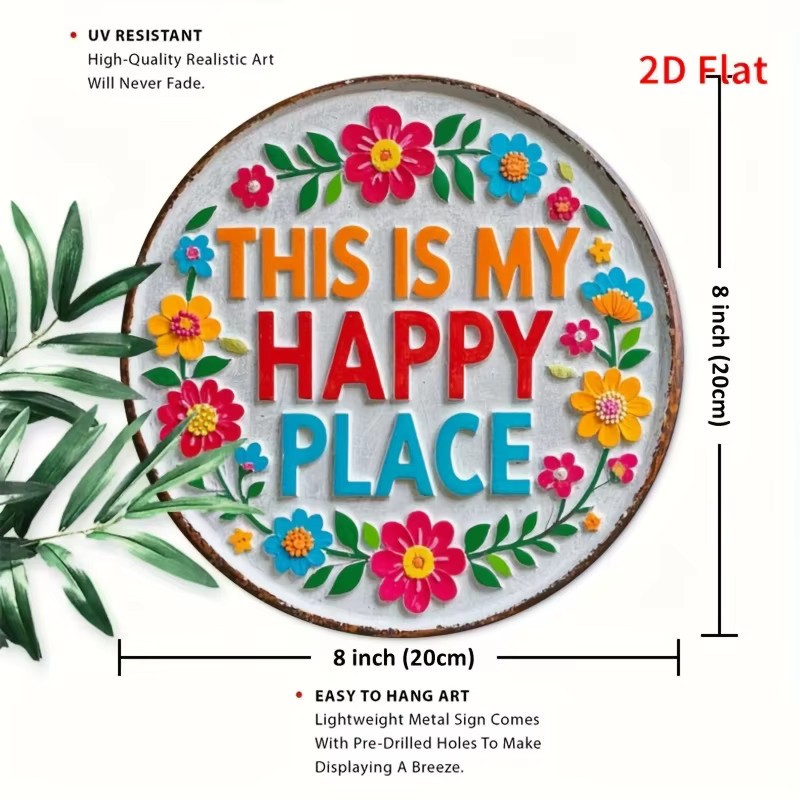 Potdemiel Willkommensschild Happy Place mit Blumenmuster, Metall-Flachraumdekoration, Mehrfarbig, B/H: 20,3 x 20,3 cm - Bild 2