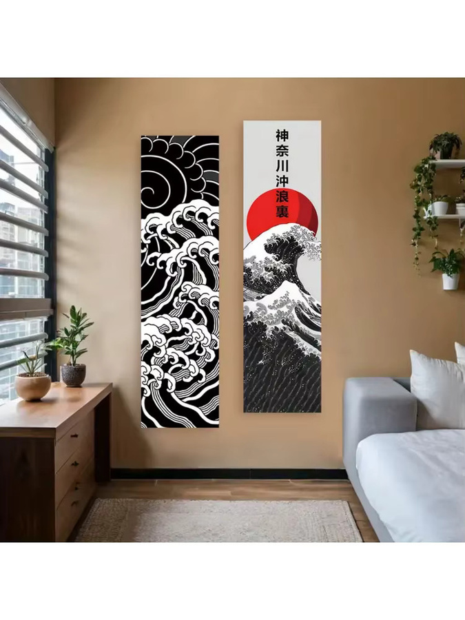 VIKAMA Japanischer Ukiyo-e Wellen Wandteppich als vertikale Wanddekoration, B: 30 cm, H: 130 cm - Bild 2