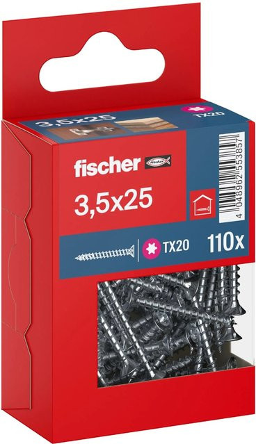 Fischer PowerFast II Senkkopf Schraube mit Torx-Antrieb und Vollgewinde, verzinkt, Farbe: Silber/Blau, Durchmesser: 3,5 mm, Länge: 25 mm, 110 Stück - Bild 1