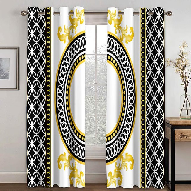 2er-Set Luxus Vorhänge mit goldenem abstrakten Barock-Print aus Polyester, halbtransparent mit Ösen, Breite: 60 cm, Höhe: 60 cm - Bild 1