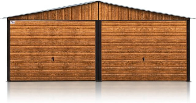 Liderstal Gerätehaus Standard aus Blech mit Satteldach in Holzoptik Goldene Eiche/Walnut, B: 600 cm, T: 500 cm, H: 280 cm - Bild 1