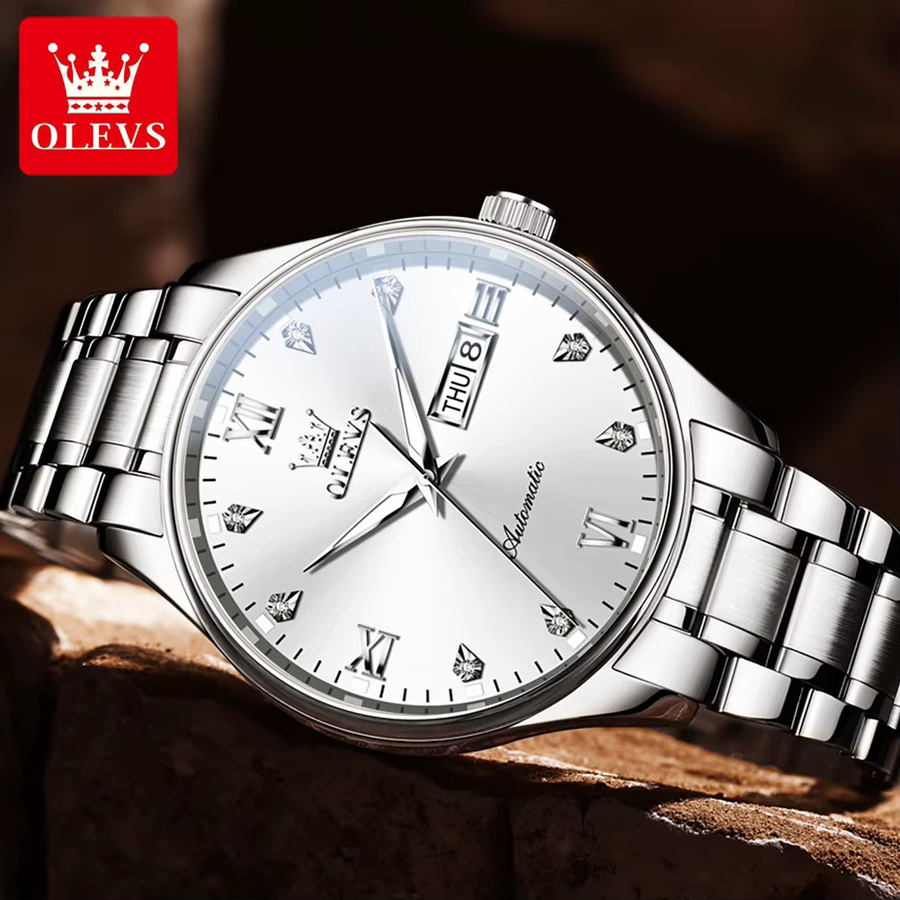 OLEVS Armbanduhr Automatik, Edelstahl, Silber, Diamant, Herren - Bild 3