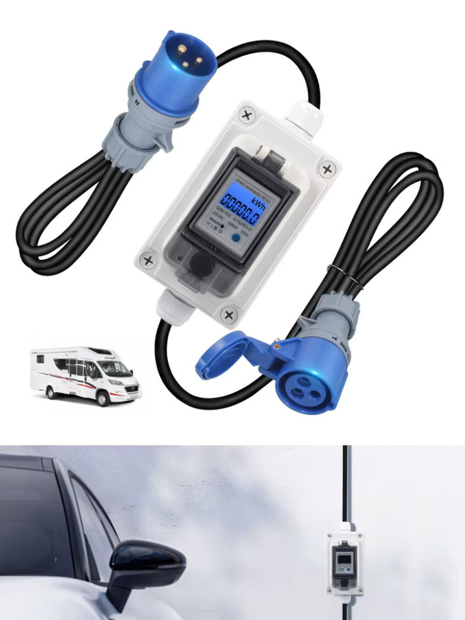 Jugacool Mobiler Digitaler Wattstundenzähler 230V 16A mit CEE-Stecker und IP67 Wasserdichter Steckdose in Blau/Weiß für Elektrofahrzeuge - Bild 5