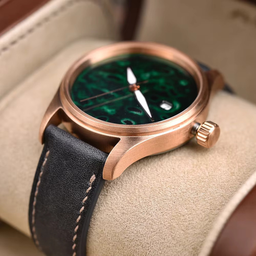 HUASUO Fliegeruhr, Automatik, Messing, Bronze, Grün, Leder, 38 mm, Herren - Bild 2
