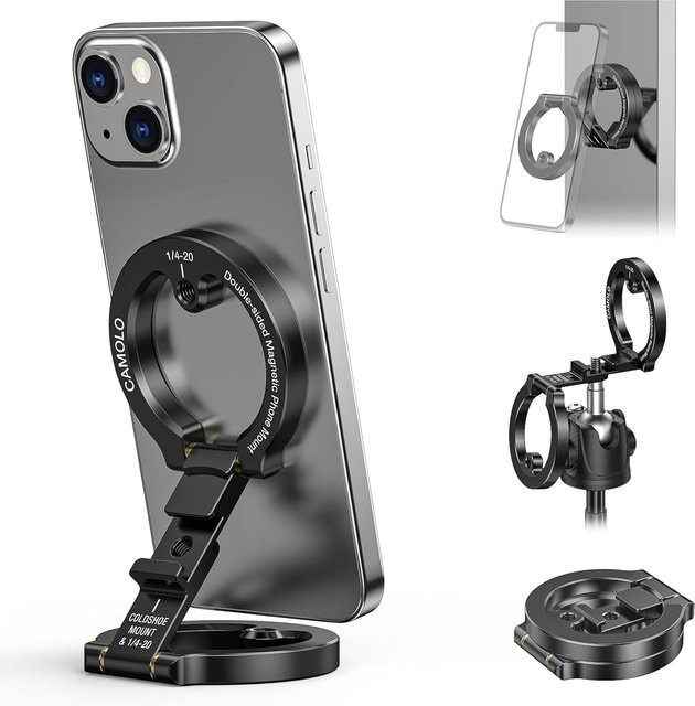 CAMOLO Dual Magnetischer Telefonhalter mit MagSafe für iPhone und Android, inklusive 1/4 Zoll Schraube für Stativhalterungen, Schwarz - Bild 1