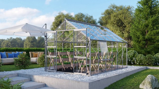Vitavia Gewächshaus Meridian 9900 aus Aluminium in Silber mit Sicherheitsglas und Doppelschiebetür, 9,9 m² - Bild 1