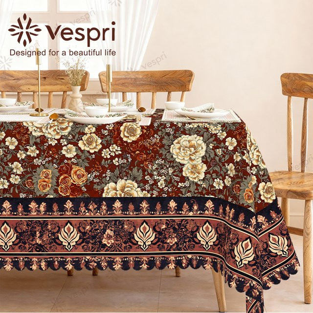 Vespri Florale Oster-Tischdecke mit rotbrauner Blumen-Blatt-Bordüre in Pastellfarben für Ostern und Frühling, Rund, Vintage-Design, Mehrfarbig - Bild 1