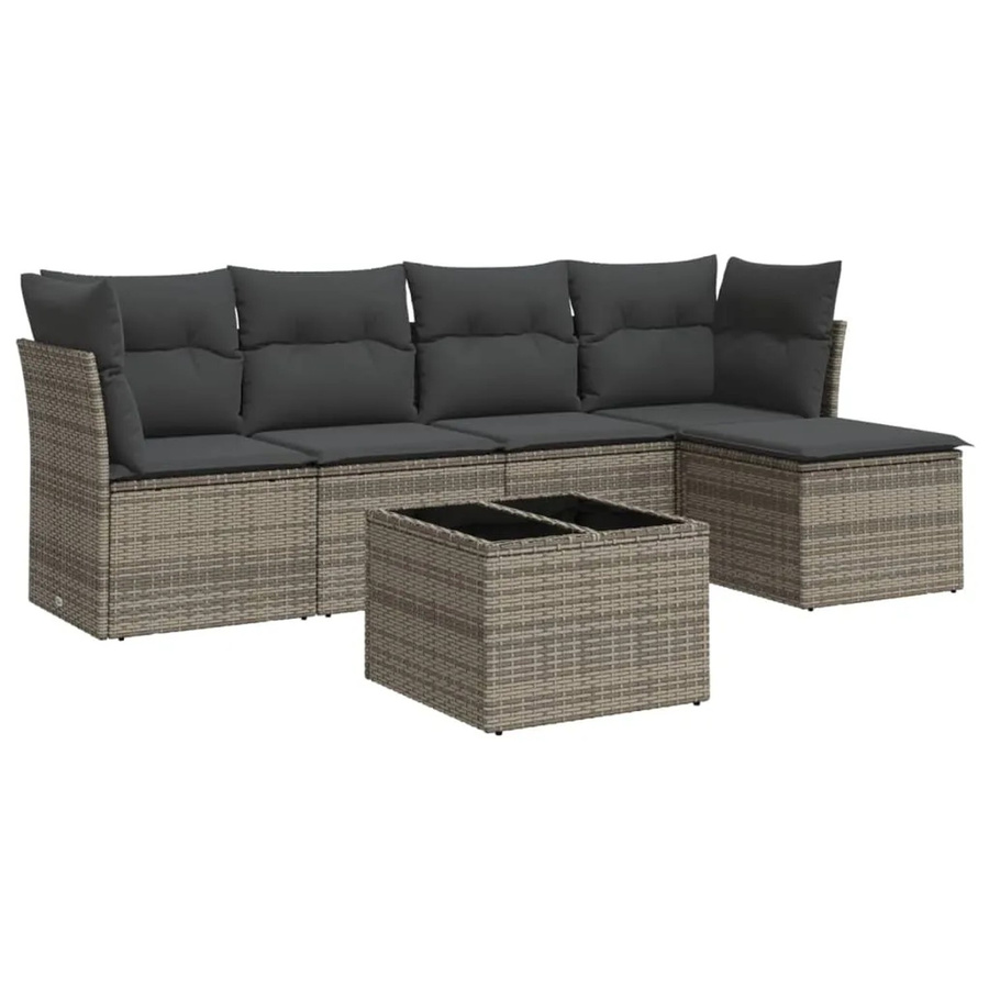 vidaXL 6-tlg Garten-Sofagarnitur L-Form aus Poly Rattan in Grau mit Kissen und UV-beständigem Polyester - Bild 2
