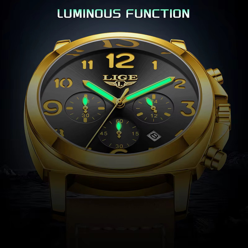 LIGE Armbanduhr, Gold, Leder, Quarz, Chronograph, Herren - Bild 6