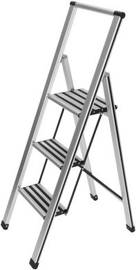 WENKO Klapptrittleiter aus Aluminium, 3-stufig, silber und schwarz mit Gummifüßen