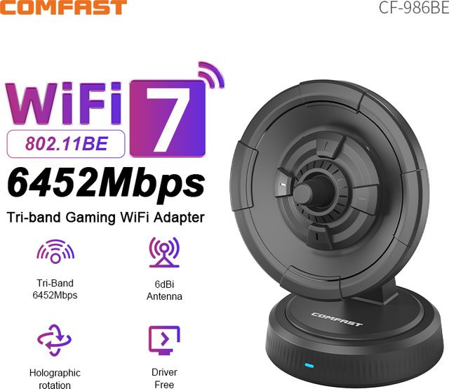 COMFAST BE6500 WiFi 7 USB-Adapter mit 6500Mbps Tri-Band Unterstützung für 2.4G/5G/6GHz, USB 3.0 WiFi-Dongle für Windows 10/11, Schwarz - Bild 1