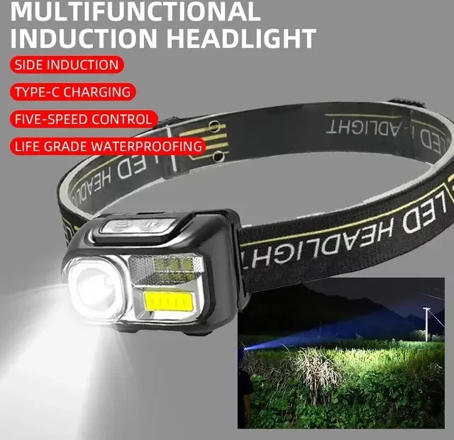 ESMARTER LED Stirnlampe mit Bewegungssensor und USB-Aufladung, Schwarz/Weiß - Bild 1
