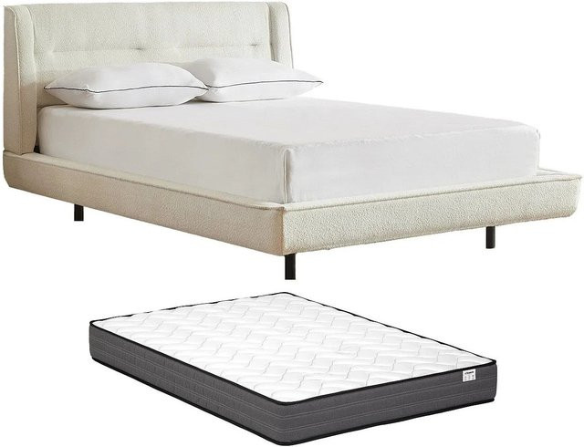 Vente-unique Bettrahmen Isyde in Beige mit Bouclé-Stoff, B/T/H: 160 x 200 x 182 cm - Bild 1