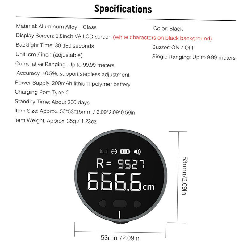 Little Q 8 in 1 Elektronischer Messschieber mit LCD-Anzeige und Entfernungsmesser bis 99m, Handheld Längenmesswerkzeug in Schwarz - Bild 7