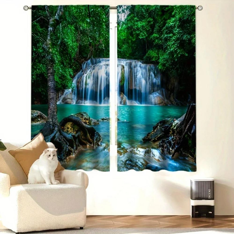 Yiran Furniture Vorhänge mit Naturlandschaft Wasserfall und Vogel Motiv, 2er-Set, halbtransparent, Polyester, Mehrfarbig, B: 100 cm, H: 130 cm - Bild 2