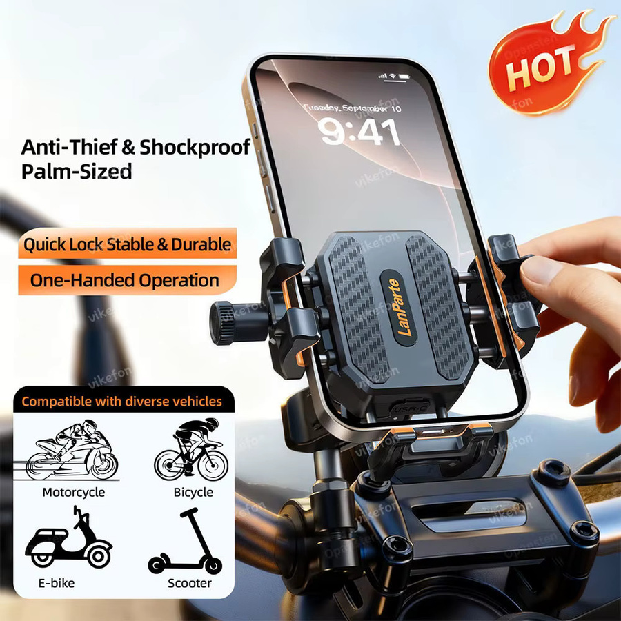 VIKEFON Stoßfester Motorrad-Handyhalter mit 15W kabellosem Ladegerät und 36W USB-C Schnellladung in Schwarz - Bild 2