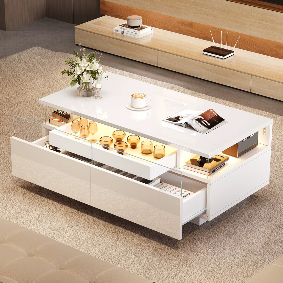 Okwish Couchtisch mit LED-Licht und 2 Schubladen aus Glas in Weiß, Breite: 90 cm - Bild 2