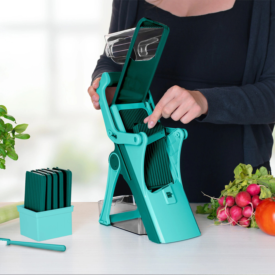 Nicer Dicer Mando Gemüseschneider Mandoline mit mehreren Klingen aus Edelstahl und Kunststoff, 12-teilig, Türkis - Bild 3
