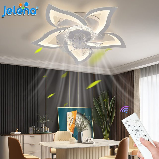 Jelena Deckenventilator Einbau LED-Ventilatorleuchte in Blumenform mit Fernbedienung, 6 Geschwindigkeiten, Schwarz oder Weiß - Bild 1