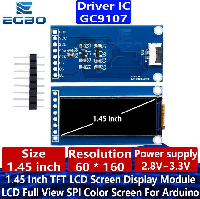 EGBO 1,45 Zoll TFT-LCD-Modul mit GC9107-Treiber, SPI-Farbdisplay in Blau, Breite: 60 mm, Höhe: 160 mm - Bild 1