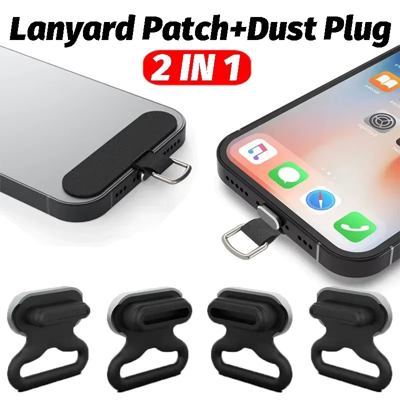 2-in-1 USB-C Ladeanschluss mit Anti-Verlust-Lanyard-Patches und Staubschutz für iPhone und Samsung in Schwarz - Bild 2