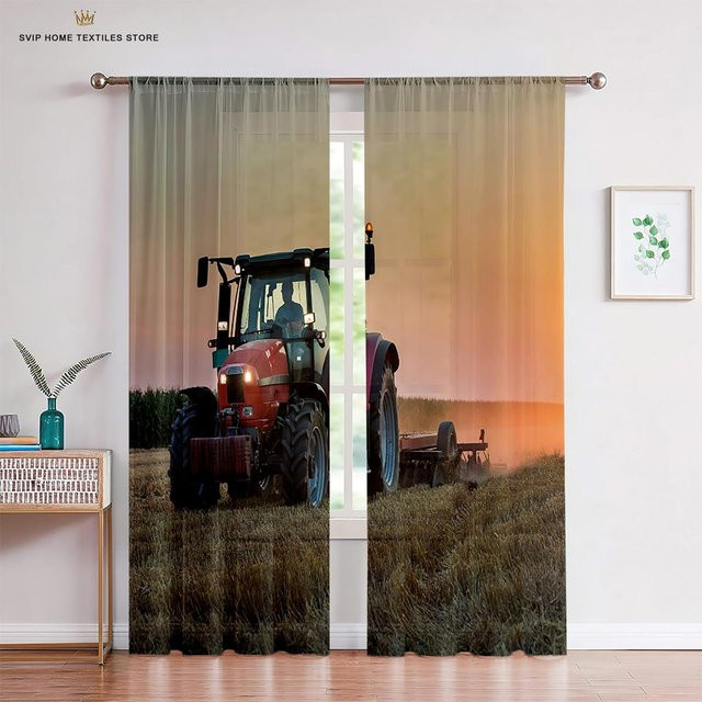 Yiran Furniture Gaze-Vorhänge mit Bauernhof-Motiv und Traktoren für Kinder, 2er-Set, halbtransparent, Mehrfarbig, Breite: 50 cm, Höhe: 130 cm - Bild 1