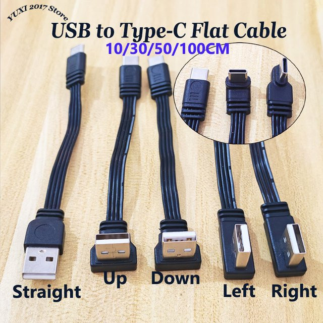YuXi USB-A auf USB-C Flachkabel in Schwarz mit verschiedenen Winkeloptionen zum Laden und zur Datensynchronisierung - Bild 1