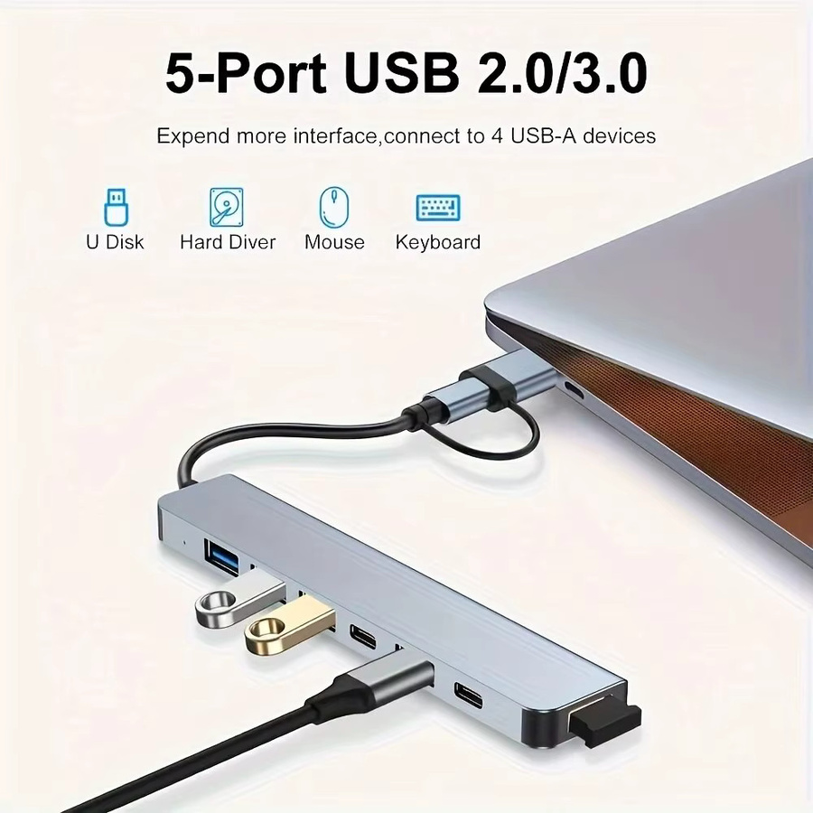 AILEHKUO 7-in-2 USB-C Hub Konzentrator mit USB 3.0 Multi-Adapter in Silber - Bild 3