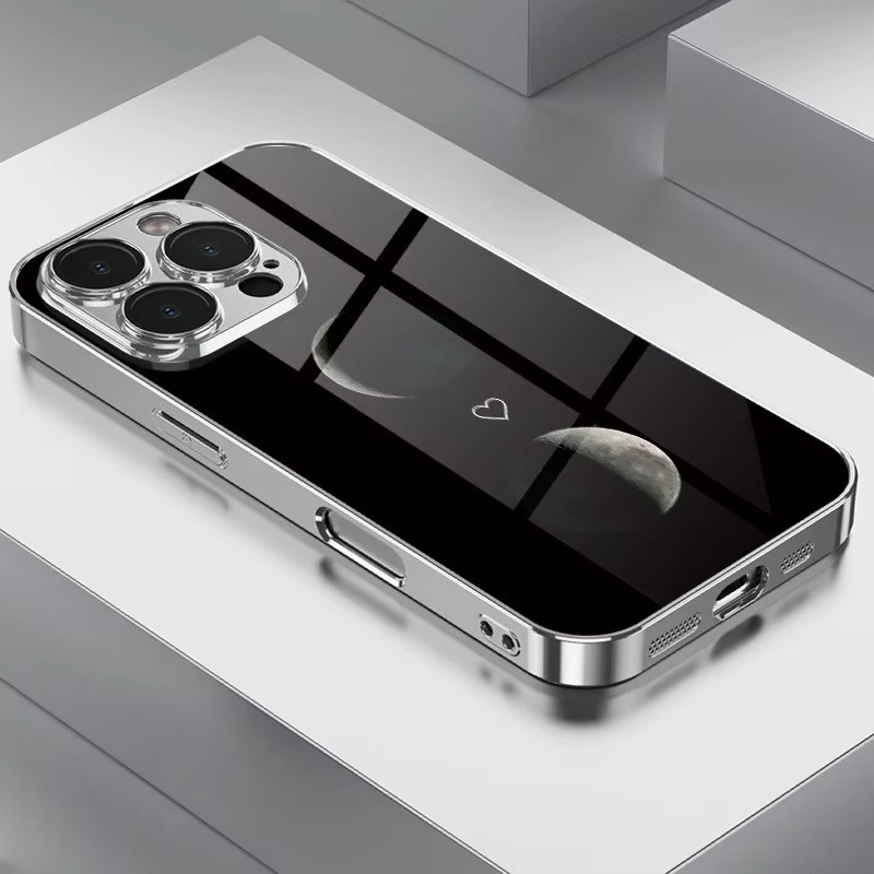 Handyhülle mit Mondliebe-Muster aus gehärtetem Glas und galvanisiertem Design für Apple iPhone 11 12 13 14 15 16 17 Pro Max Plus 16E 17 Air in Schwarz - Bild 2