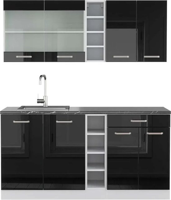 Vicco R-Line Singleküche modern in Schwarz Hochglanz und Weiß, Breite: 160 cm - Bild 1