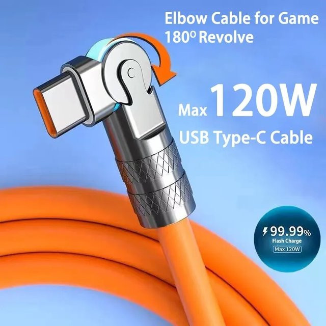 USB Typ C Schnellladekabel 120 W 7A mit 180 Grad Drehung Ellenbogen für Xiaomi Redmi Honor in Schwarz - Bild 1