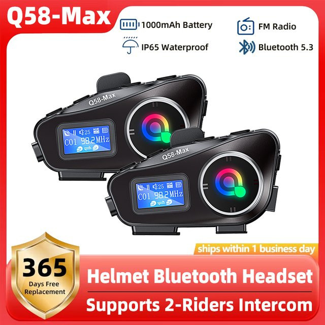 XINOWY Q58 Max Bluetooth-Gegensprechanlage für Motorradhelme, wasserdicht nach IP65, Schwarz - Bild 1