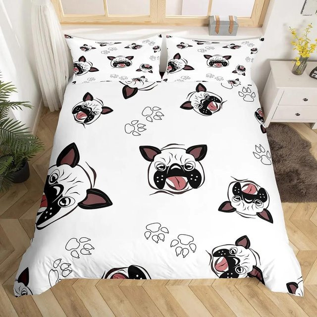 Bettwäsche-Set Your Warm Home mit französischer Bulldogge und Welpen-Motiv in Weiß, bestehend aus 1x Bettbezug und 1x Kissenbezug für Kinder, B/H: 173 x 218 cm - Bild 1