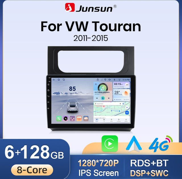 Junsun Kabelloses Android 15 Autoradio für Volkswagen VW Touran mit 10,0 Zoll Display, GPS und CarPlay in Schwarz - Bild 1