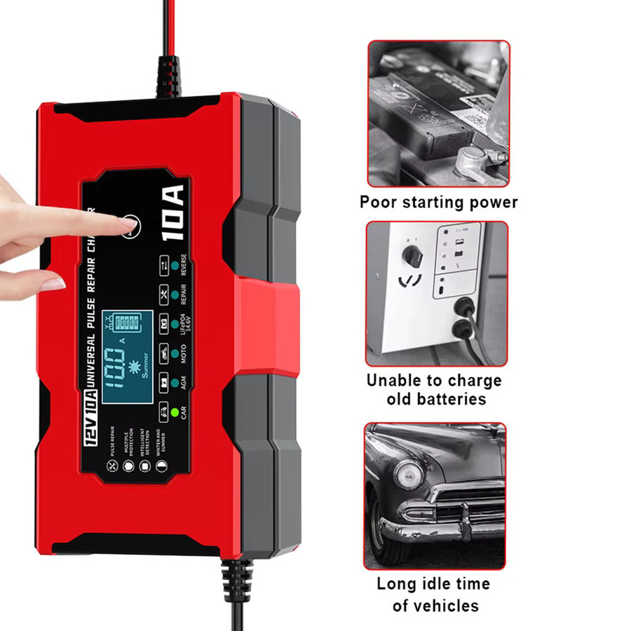 Intelligentes Auto Batterie Ladegerät mit Digitalem LCD Display für 12 V und 14,6 V Lithium-Eisenphosphat Batterien, 10A, Farbe: Rot - Bild 4