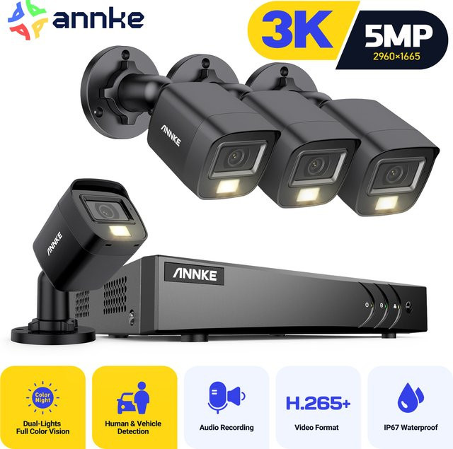 ANNKE 8CH 5MP Lite CCTV-Kit Videosicherheitssystem mit 5 IN1 H.265+ DVR und 3K 4X 5MP wasserdichten Überwachungskameras mit integriertem Mikrofon in Schwarz - Bild 1